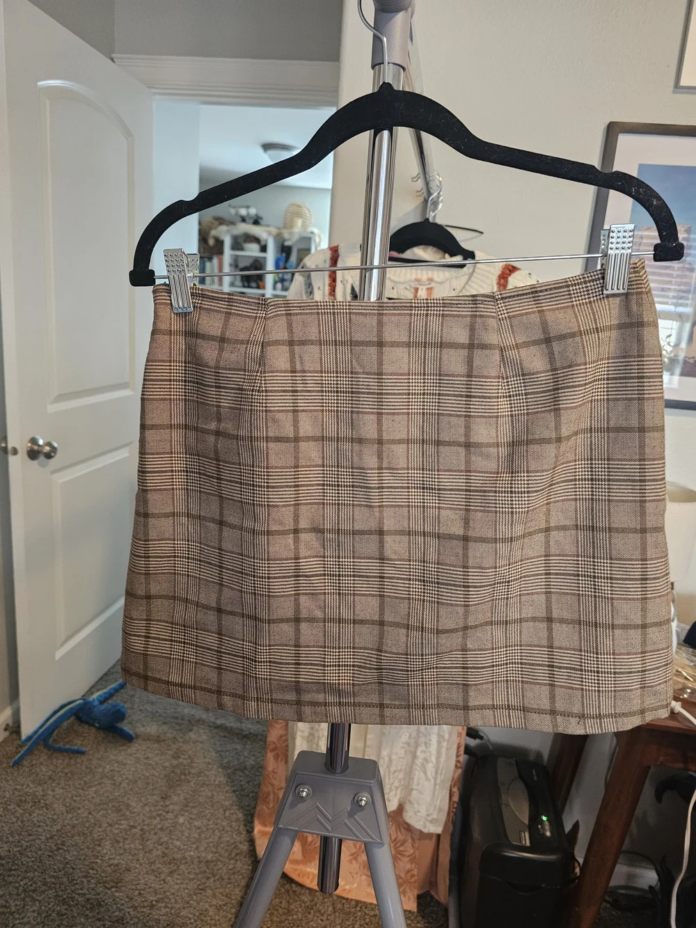 Michael Kors Brown Plaid Mini Skirt with Side Buckles